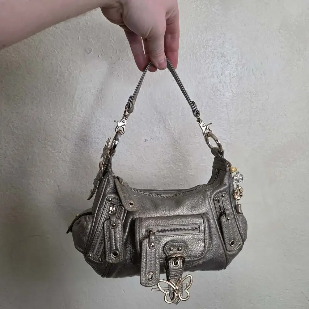 Junior Drake Metallic Leather Y2K Hobo Shoulder Bag with Hair Clips n Bag Charms